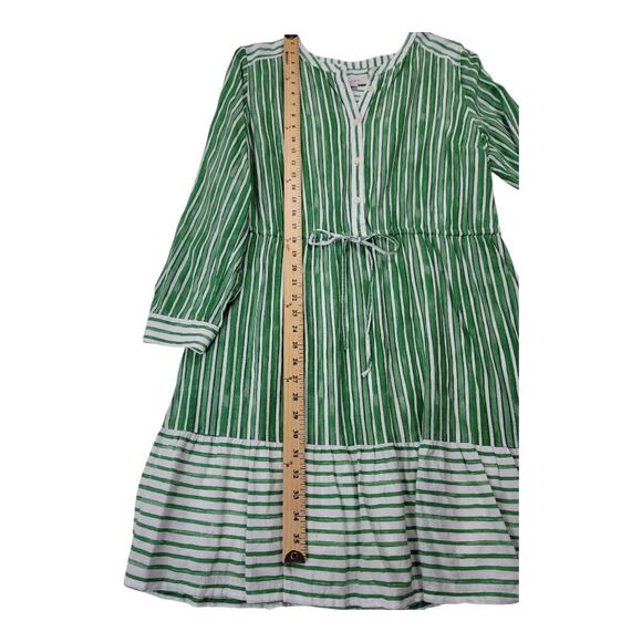 Loft Women's White Green Striped Tab Sleeve Button Flounce Dress - Picture 9 of 12